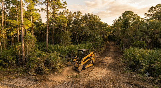 Yellow bulldozer clearing a dirt path through dense forest at sunset