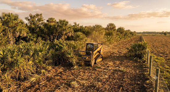 Yellow skid steer clearing brush beside a field at sunset