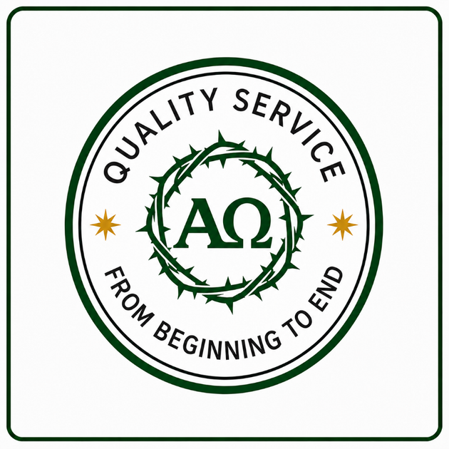 Quality Service logo with green laurel wreath, gold stars, and “AQ” in the center, with “From Beginning to End” text