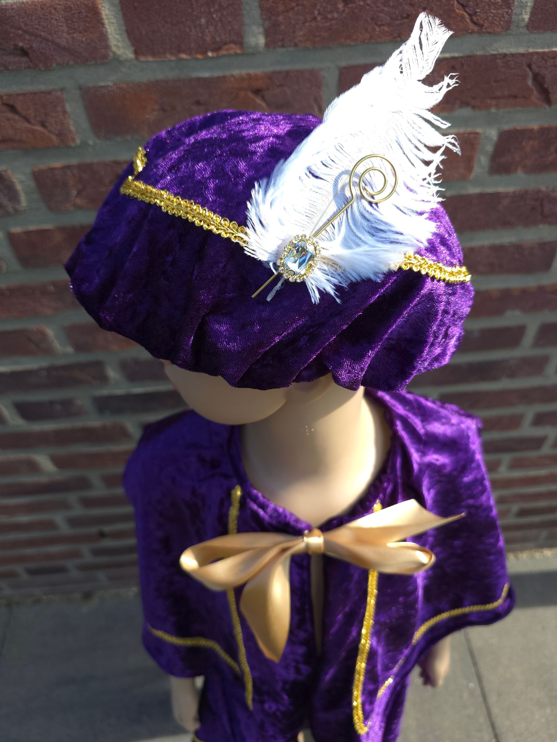 Paars fluwelen kostuum met gouden versiering en gevederde hoed op een paspop tegen een bakstenen muur.