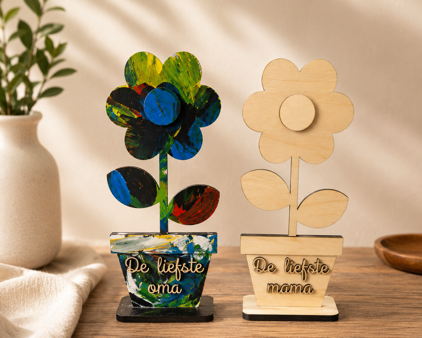 Twee bloemvormige houten tafeldecoraties in potten, een blauwgroen geverfd en een onbewerkt beige, op een warme tafel.