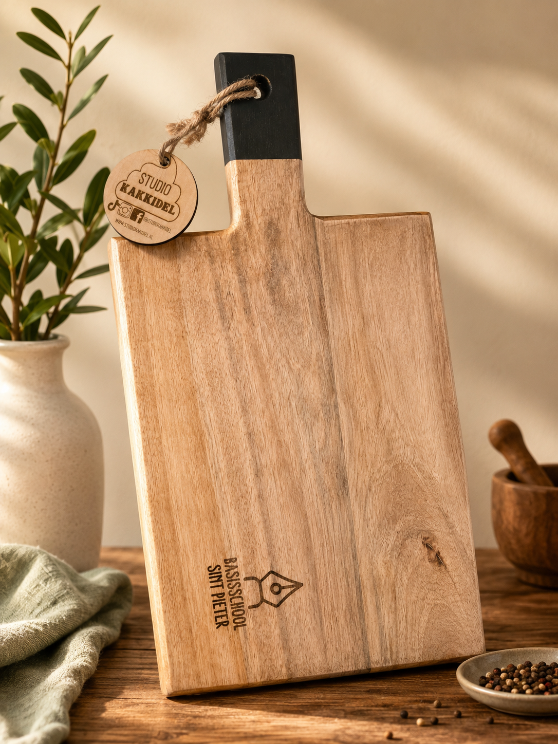 Houten snijplank met zwart handvat op een stijlvol aanrechtblad, naast een vaas en een groen tafelkleed.