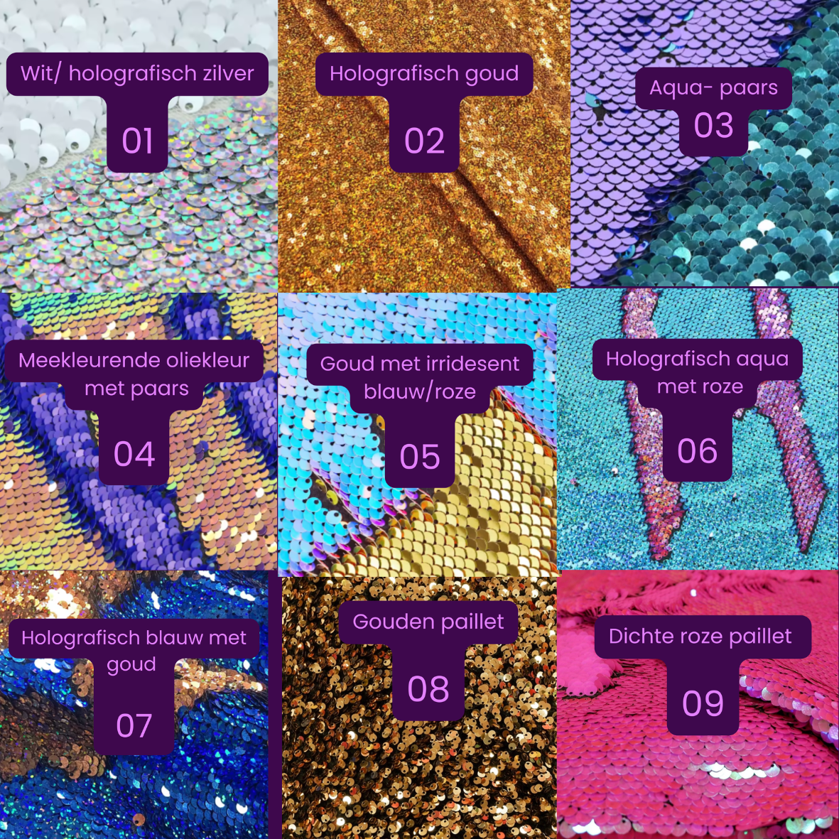 Negen glittertextuurstalen in paars, turquoise, goud en roze, elk voorzien van een nummer.