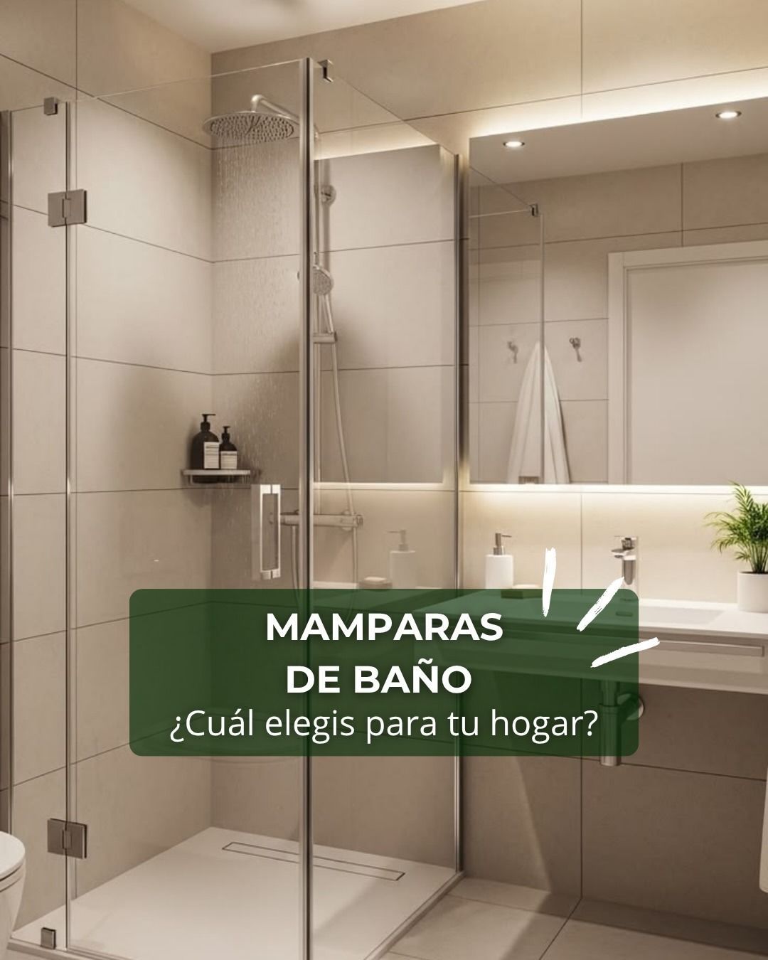 Bathroom with glass shower enclosure and mirror, overlaid text reading “Mamparas de baño. ¿Cuál eliges para tu hogar?”