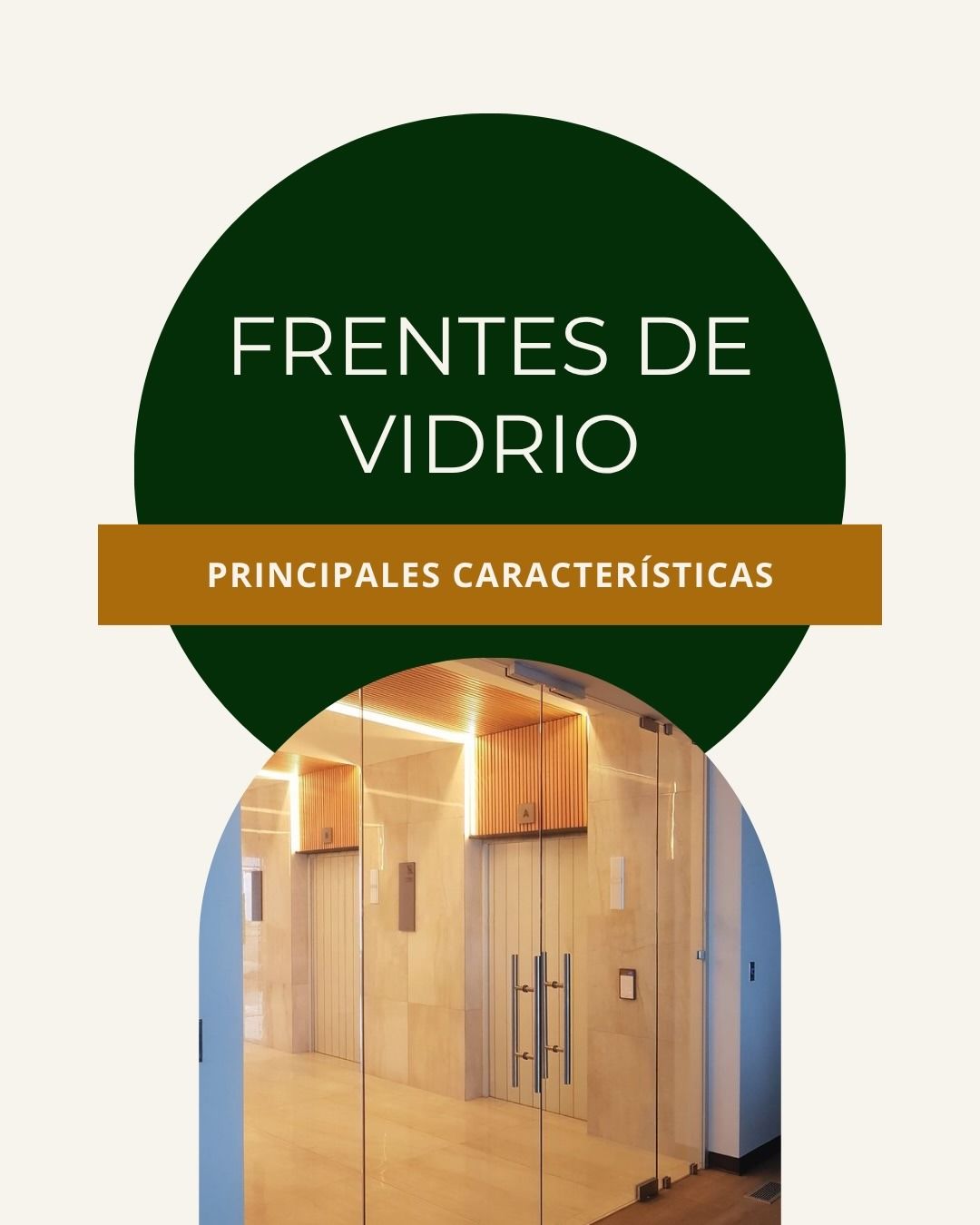 Cartel de frentes de vidrio con título verde y dorado sobre una puerta de vidrio moderna.