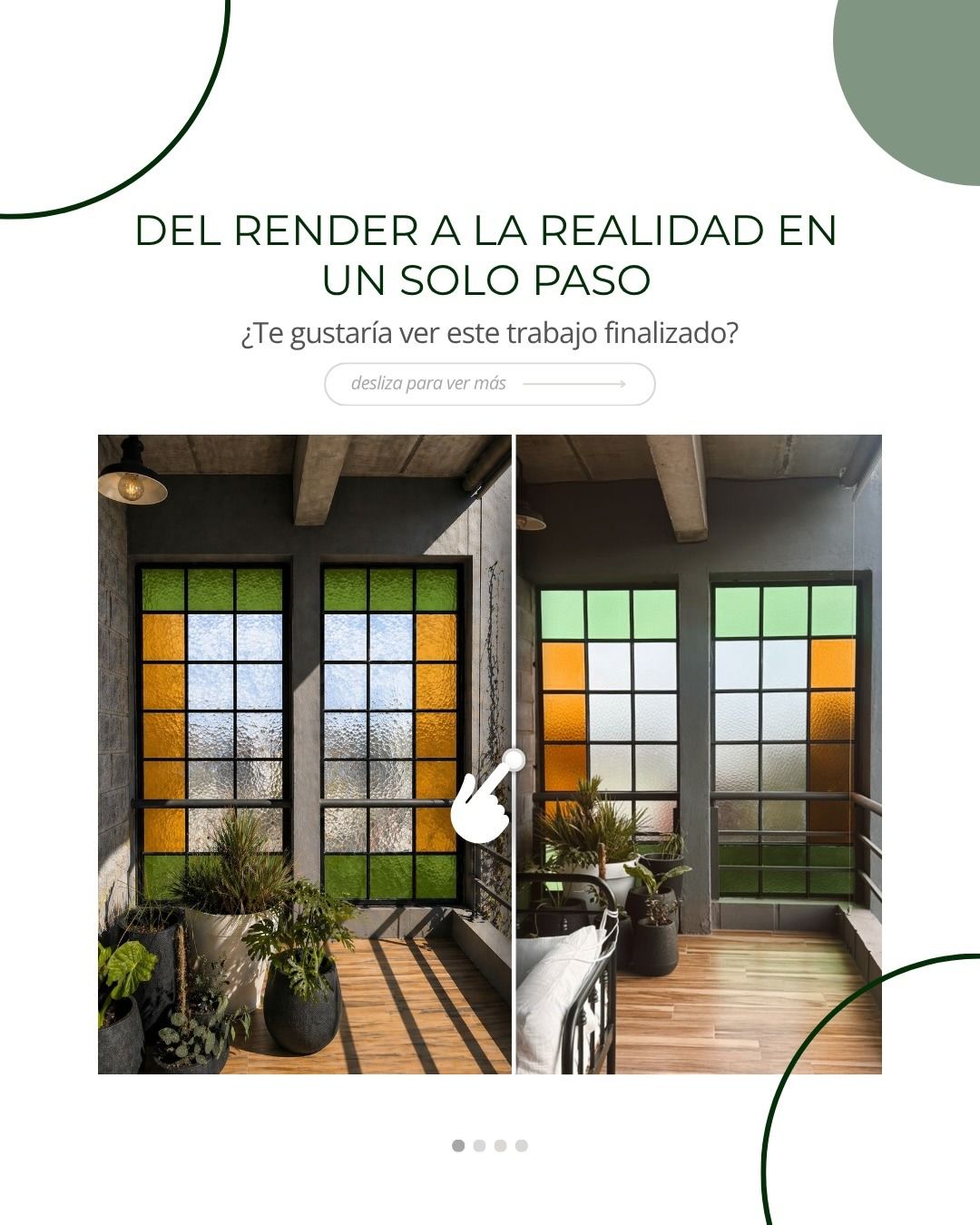 Renderización del interior de una habitación luminosa con ventanas altas, plantas