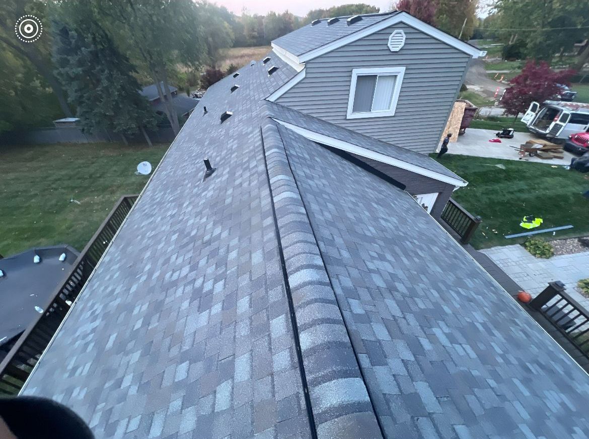 An aerial view of a roof of a house.