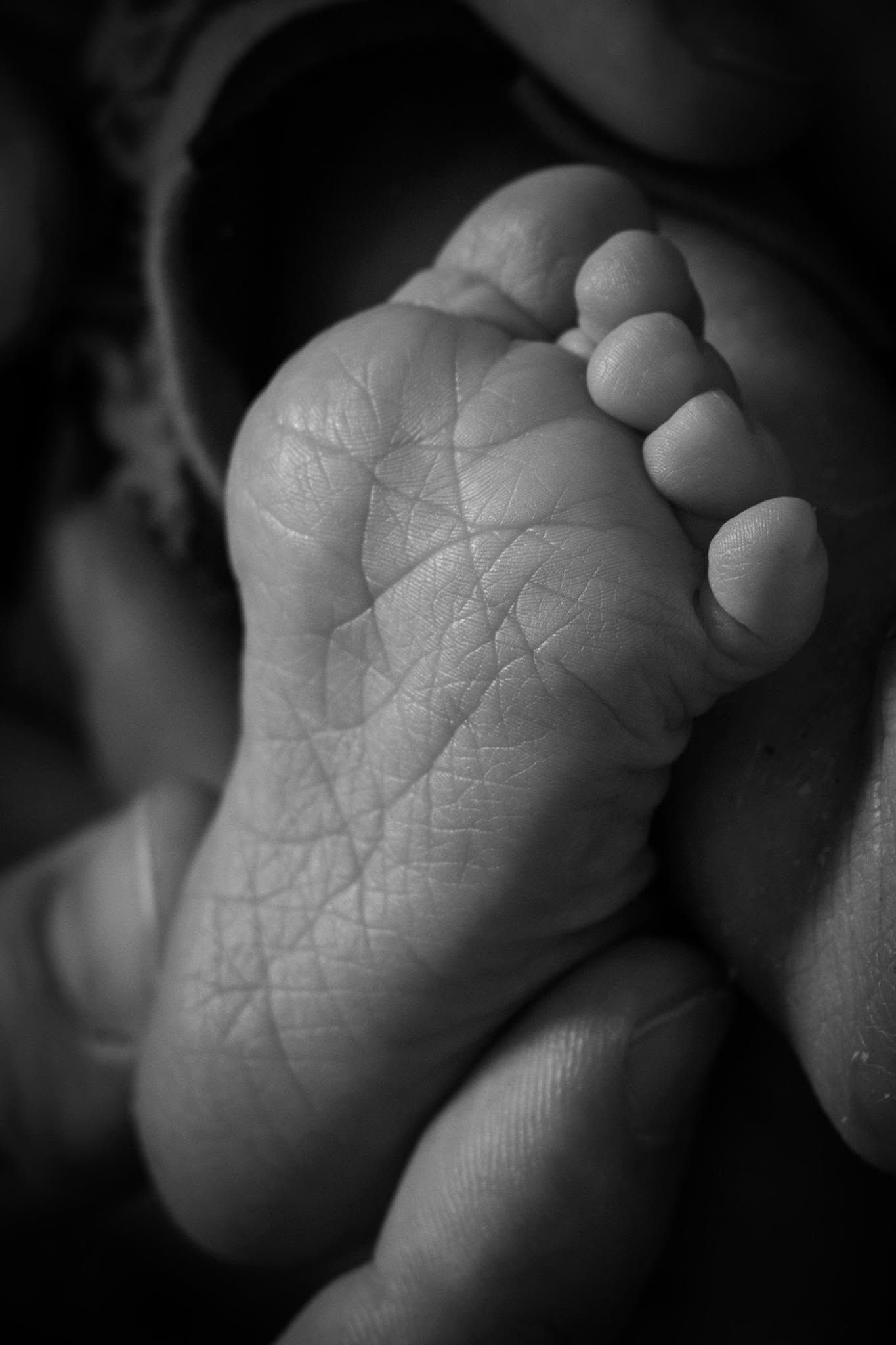 Close-up of a baby's foot resting against a dark fabric background, in black and white.