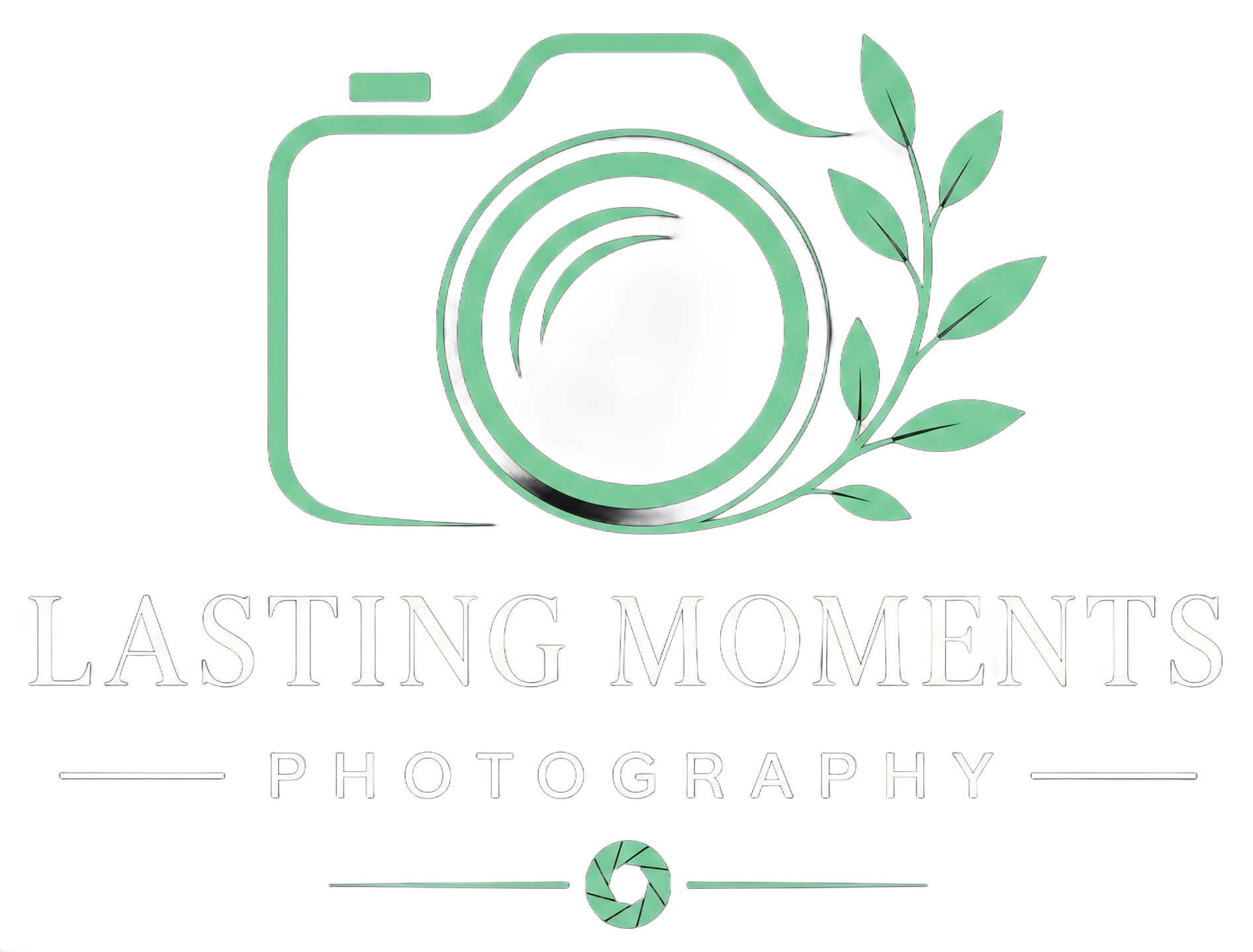 Mint green camera logo with leaves and the text “Lasting Moments Photography”