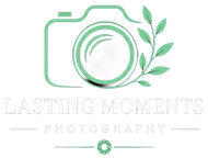 Mint green camera logo with leaves and the text “Lasting Moments Photography”