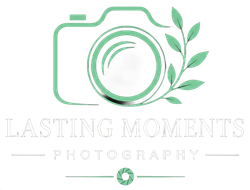 Mint green camera logo with leaves and the text &ldquo;Lasting Moments Photography&rdquo;