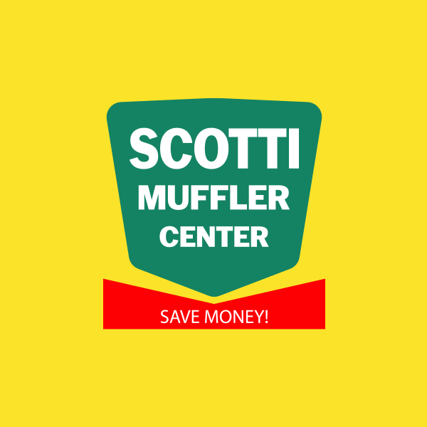 Scotti Muffler Center logo on green sign with red “Save Money!” banner on yellow background