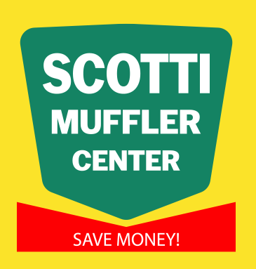 Scotti Muffler Center logo on yellow, green, and red sign with “Save Money!”