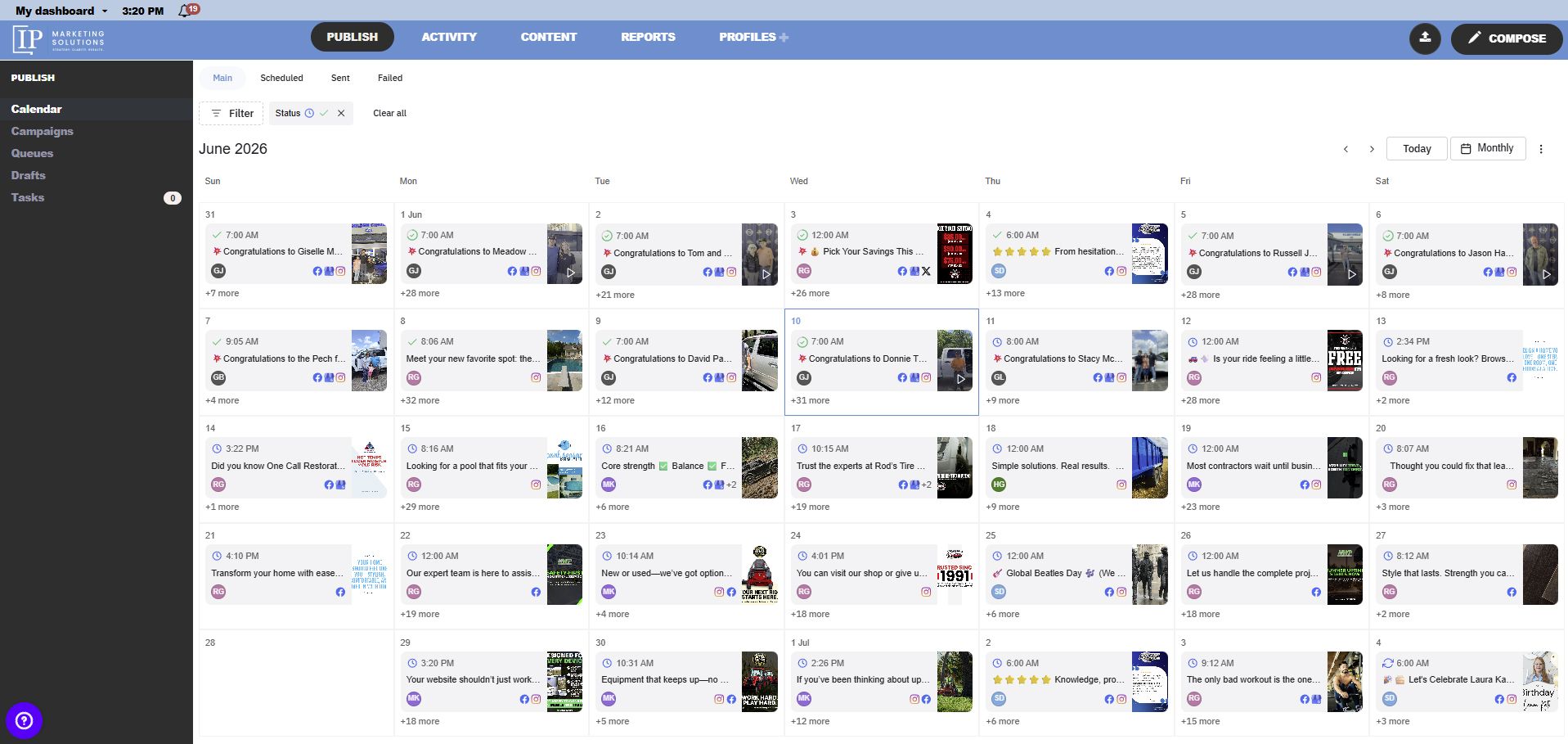 Dashboard with a left sidebar and top blue bar, showing a grid of many small content cards.
