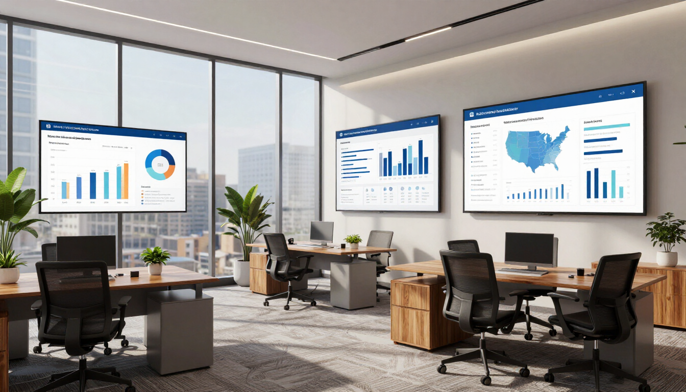 Modern office with desks, chairs, plants, and wall monitors showing charts and a U.S. map