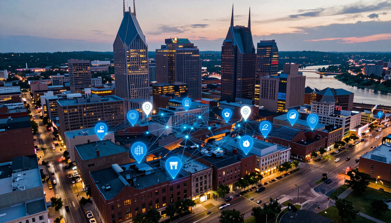 Aerial dusk view of a downtown skyline with glowing blue location pins over buildings and streets