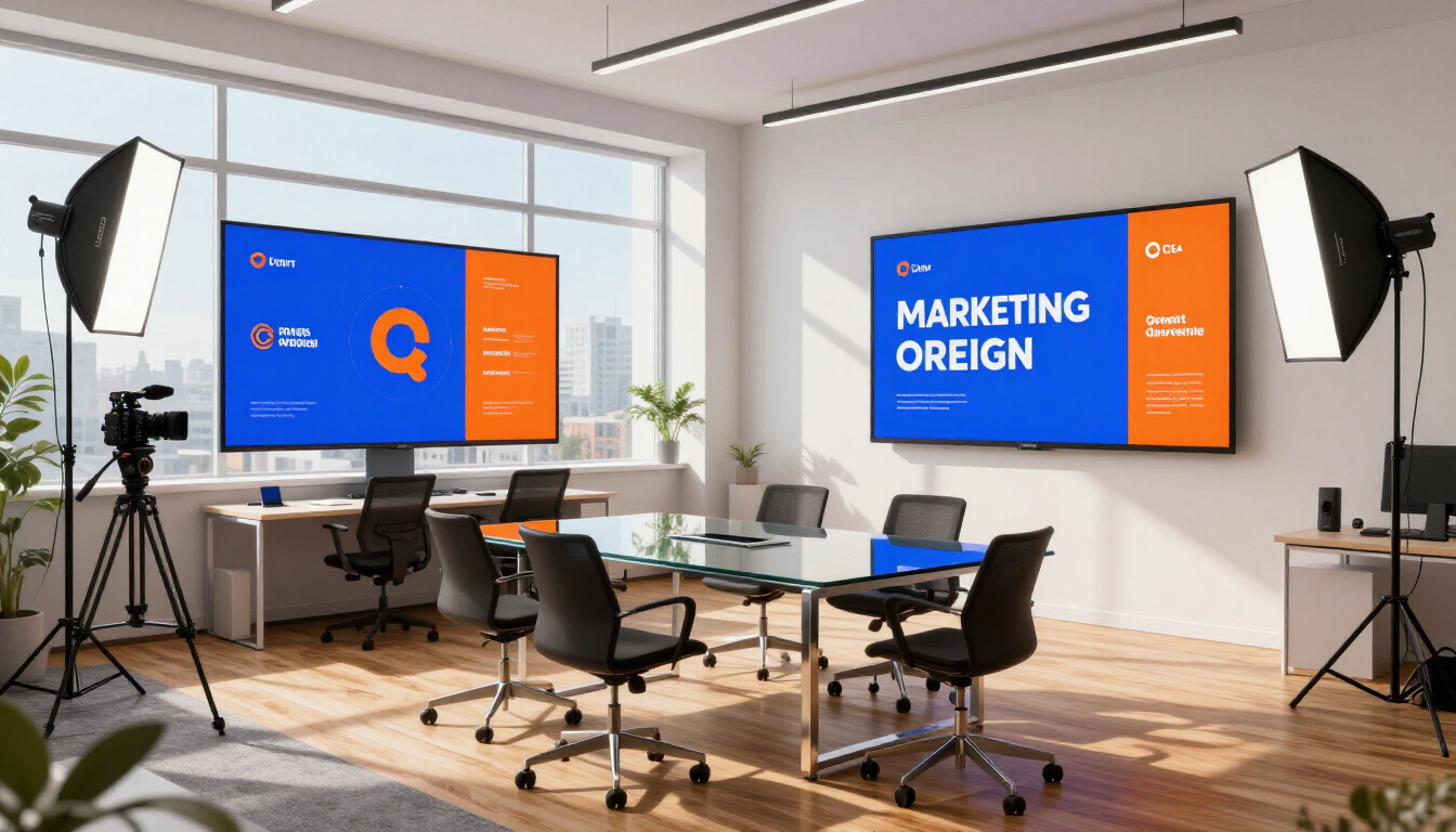Modern office conference room with two large screens showing a marketing brief presentation.
