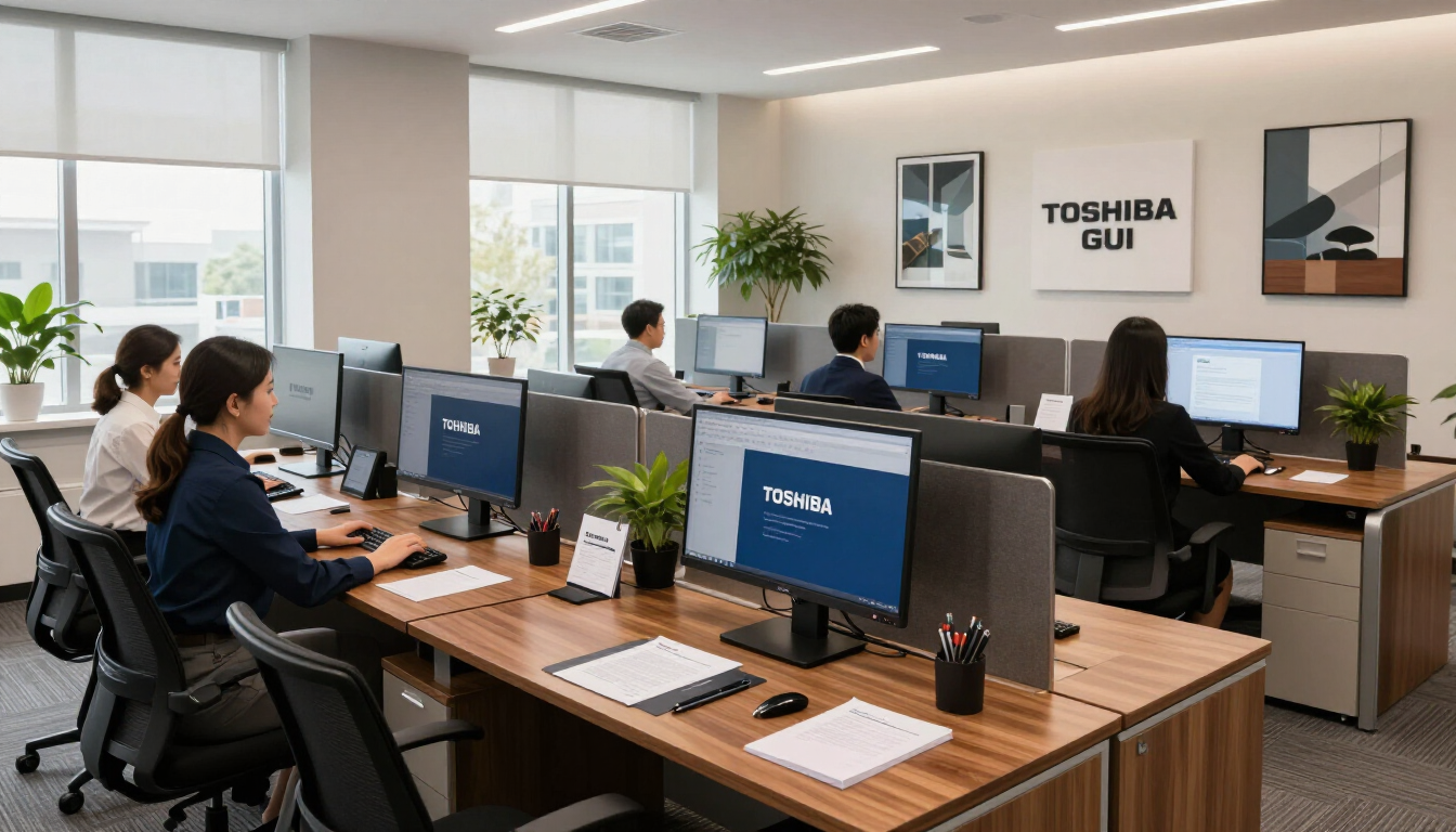 Office workers seated at desks in a bright modern open-plan office with computer monitors and plants