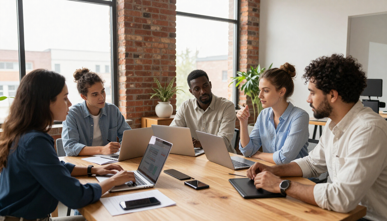 Team meeting around a wooden conference table in a bright office, with laptops and notebooks open.