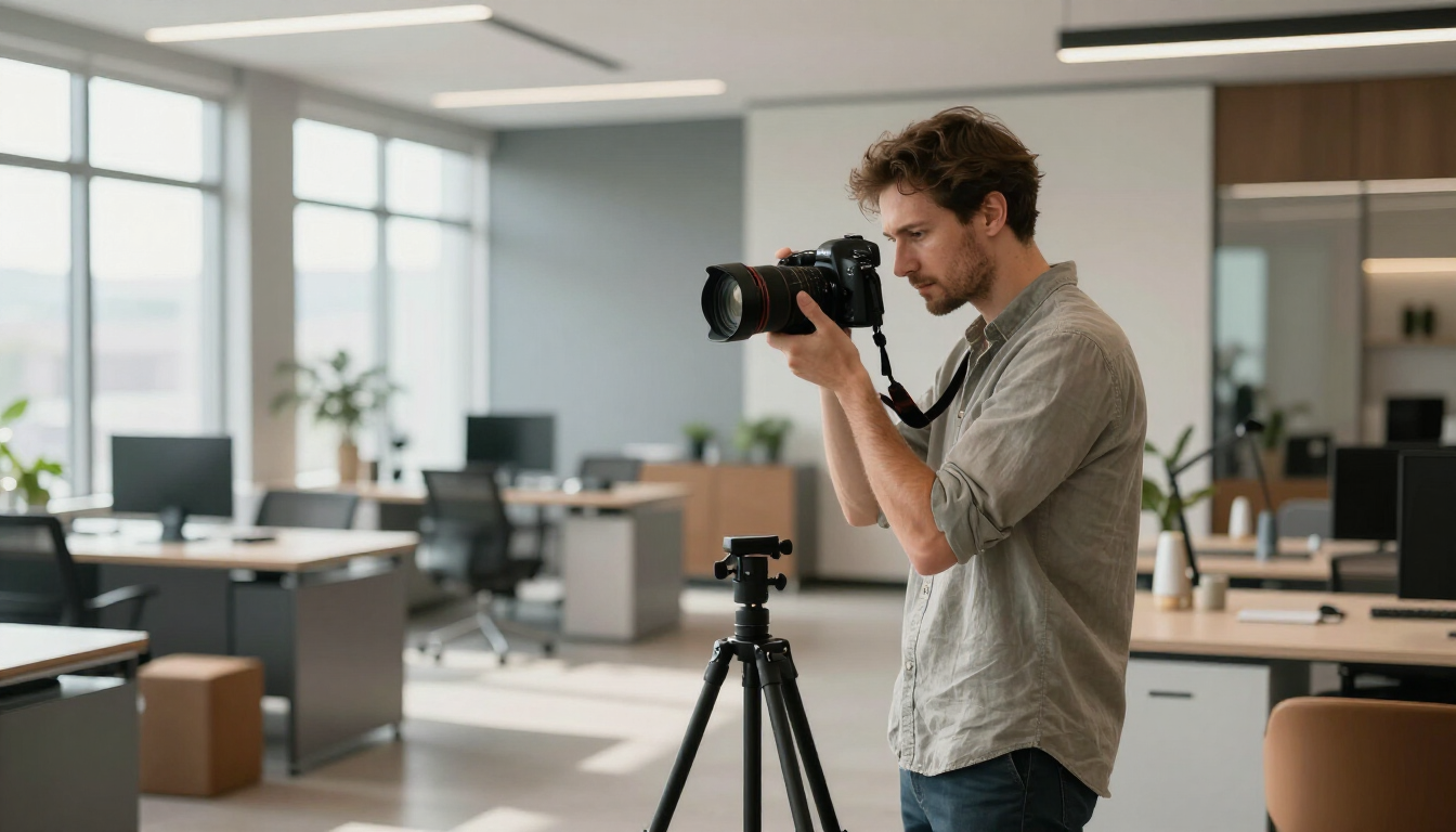 Man photographing an office interior with a camera on a tripod in a bright open workspace