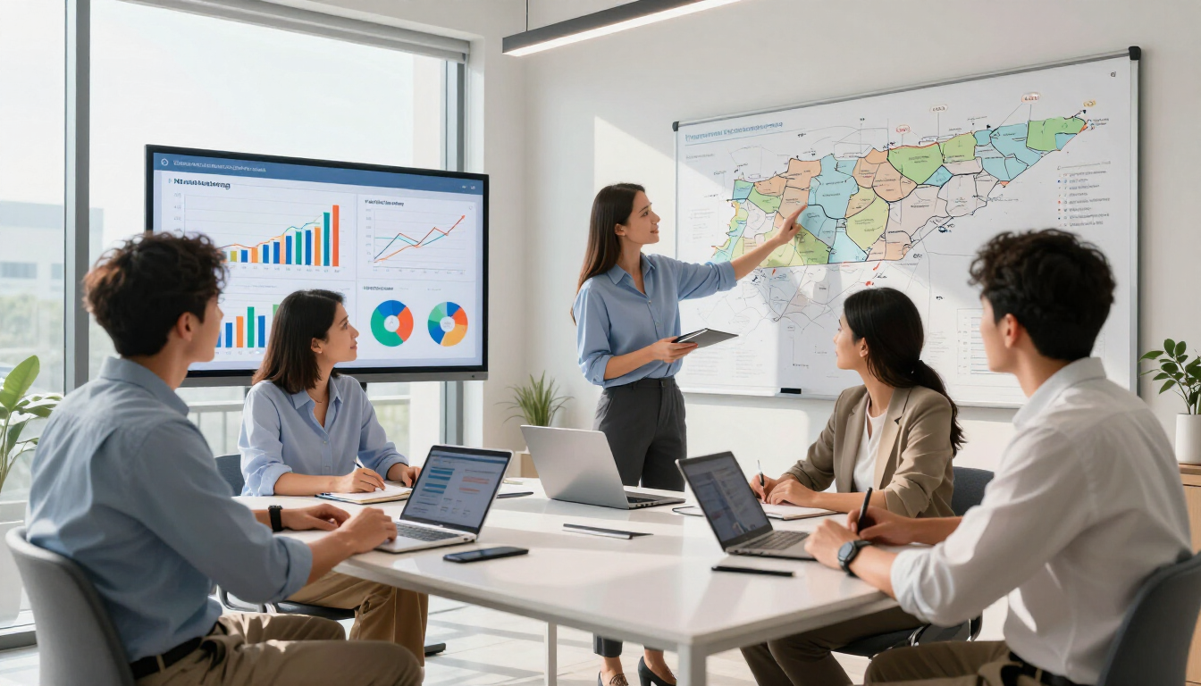 Team meeting in a bright conference room, with charts on screens and a presenter pointing at a wall map.