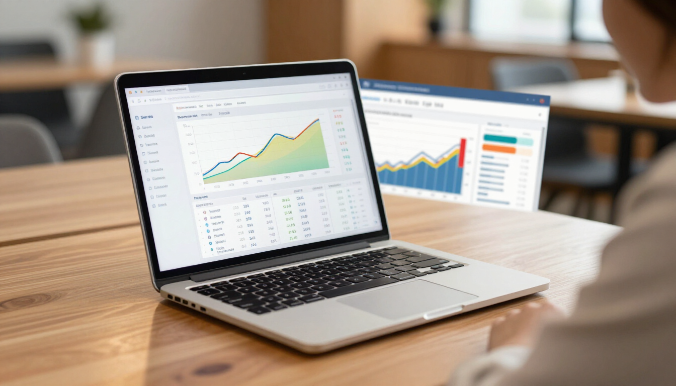 Laptop displaying analytics charts on a desk, with a second monitor showing colorful graphs in the background