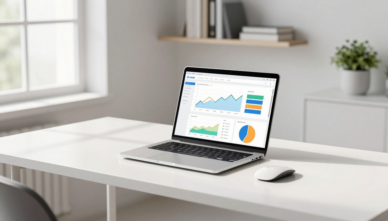 Laptop displaying analytics charts on a white desk in a bright home office