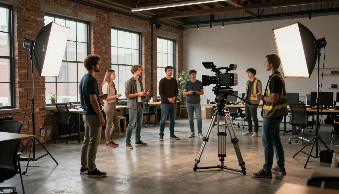 Film crew standing around a camera on a tripod in a studio with bright lights and large windows