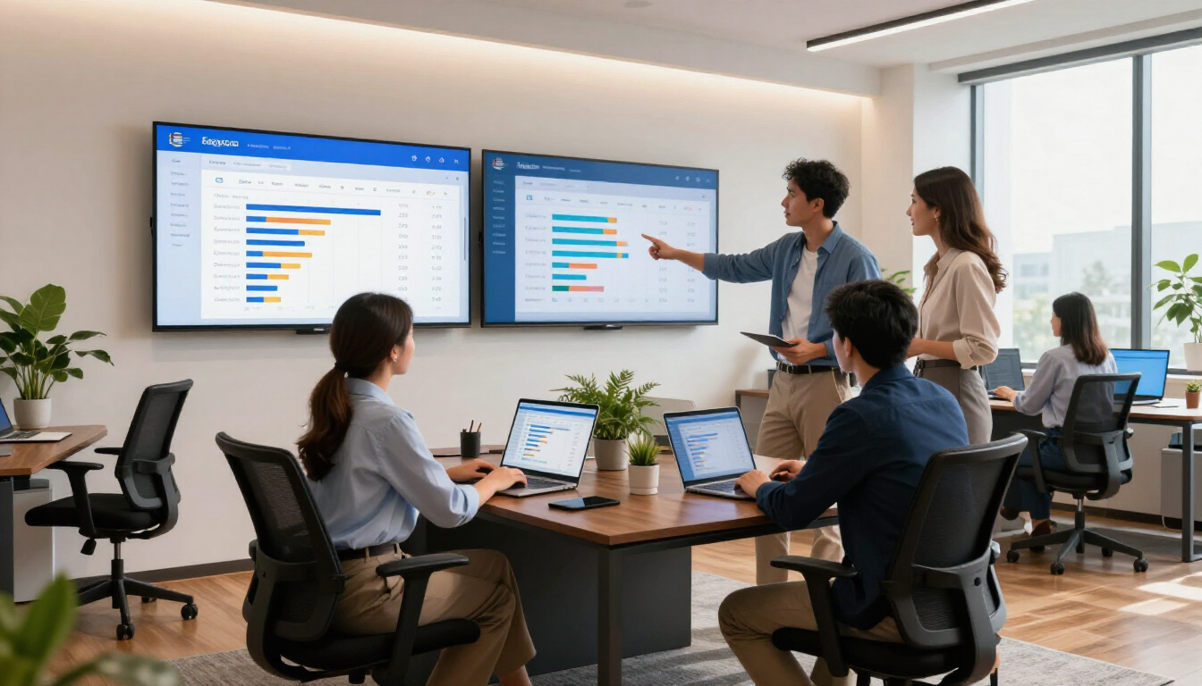 Team meeting in a modern office, with a presenter pointing at charts on dual screens.