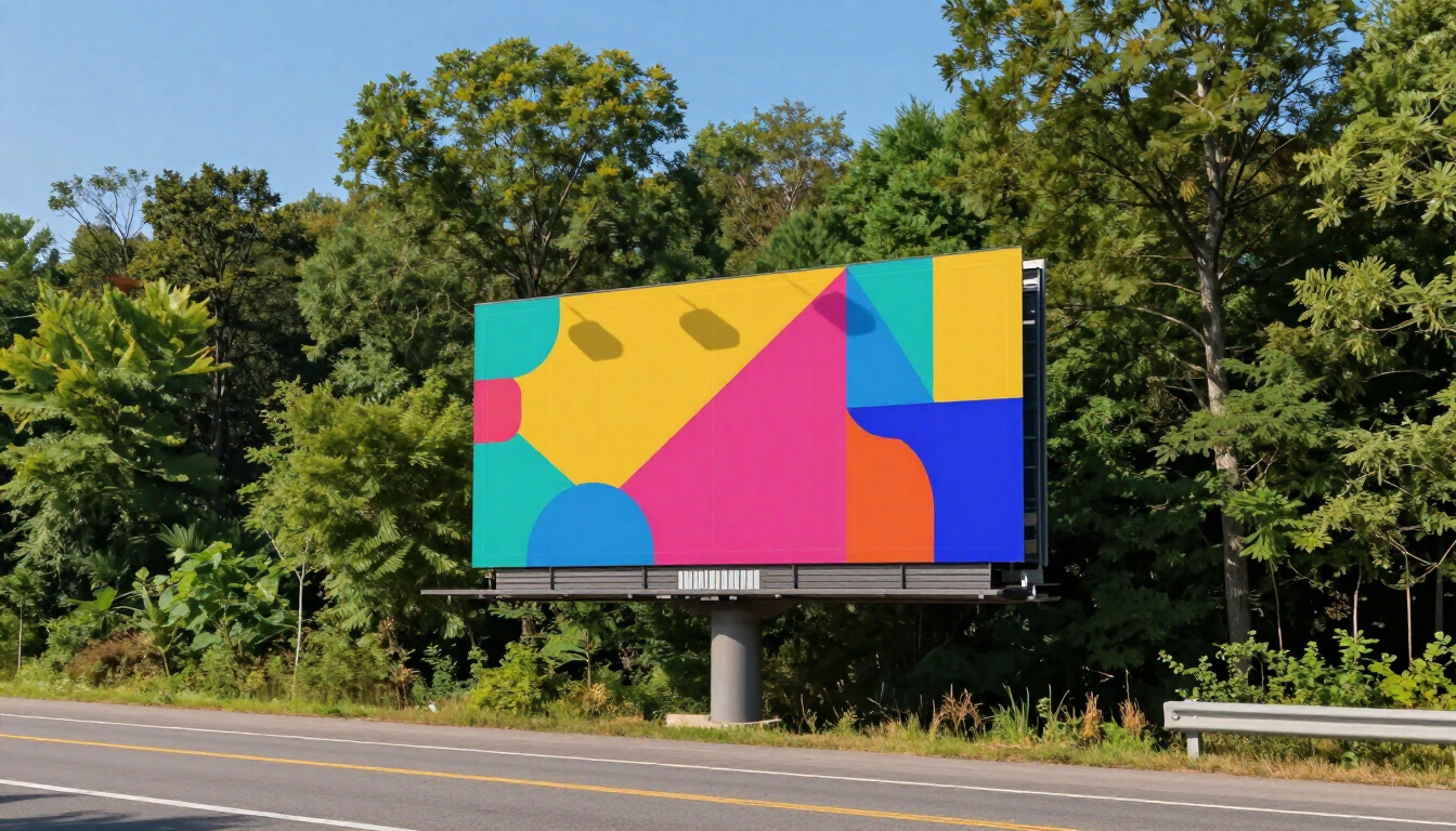 Colorful abstract billboard by a roadside, with geometric shapes in bright pink, yellow, blue, and green