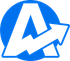 Blue circular logo with a white stylized arrow and letter A