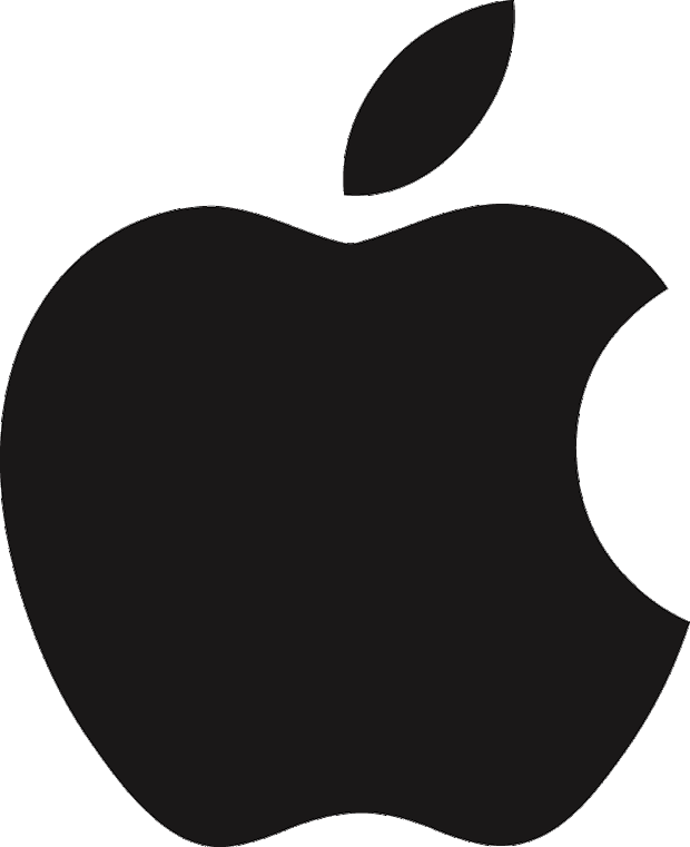 Black Apple logo with a bite and leaf on a white background