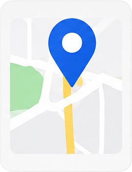 Blue map pin over a street map with a yellow road line