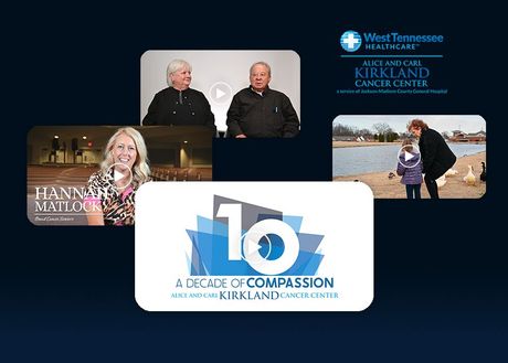 Collage of Kirkland Cancer Center anniversary images with “A Decade of Compassion” and West Tennessee Healthcare logos