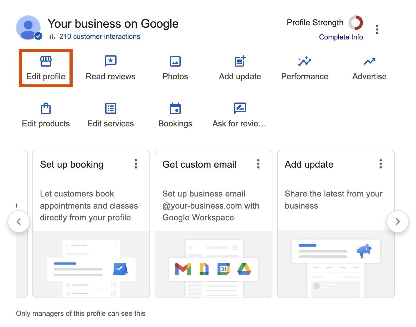 Google Business Profile dashboard with Edit profile highlighted and setup cards for customers, email, and updates