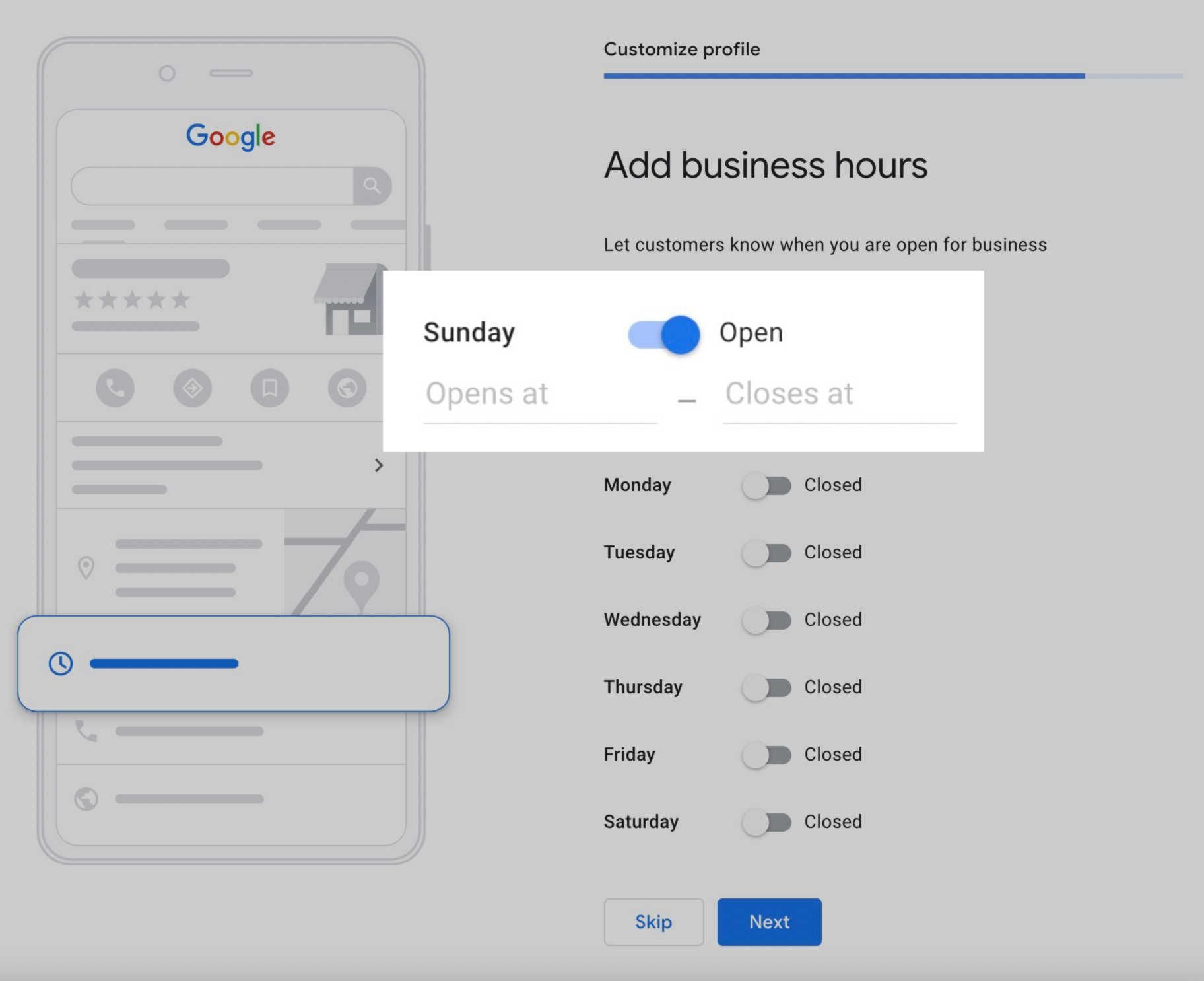 Google business profile setup screen to add business hours, with weekday open/closed toggles.