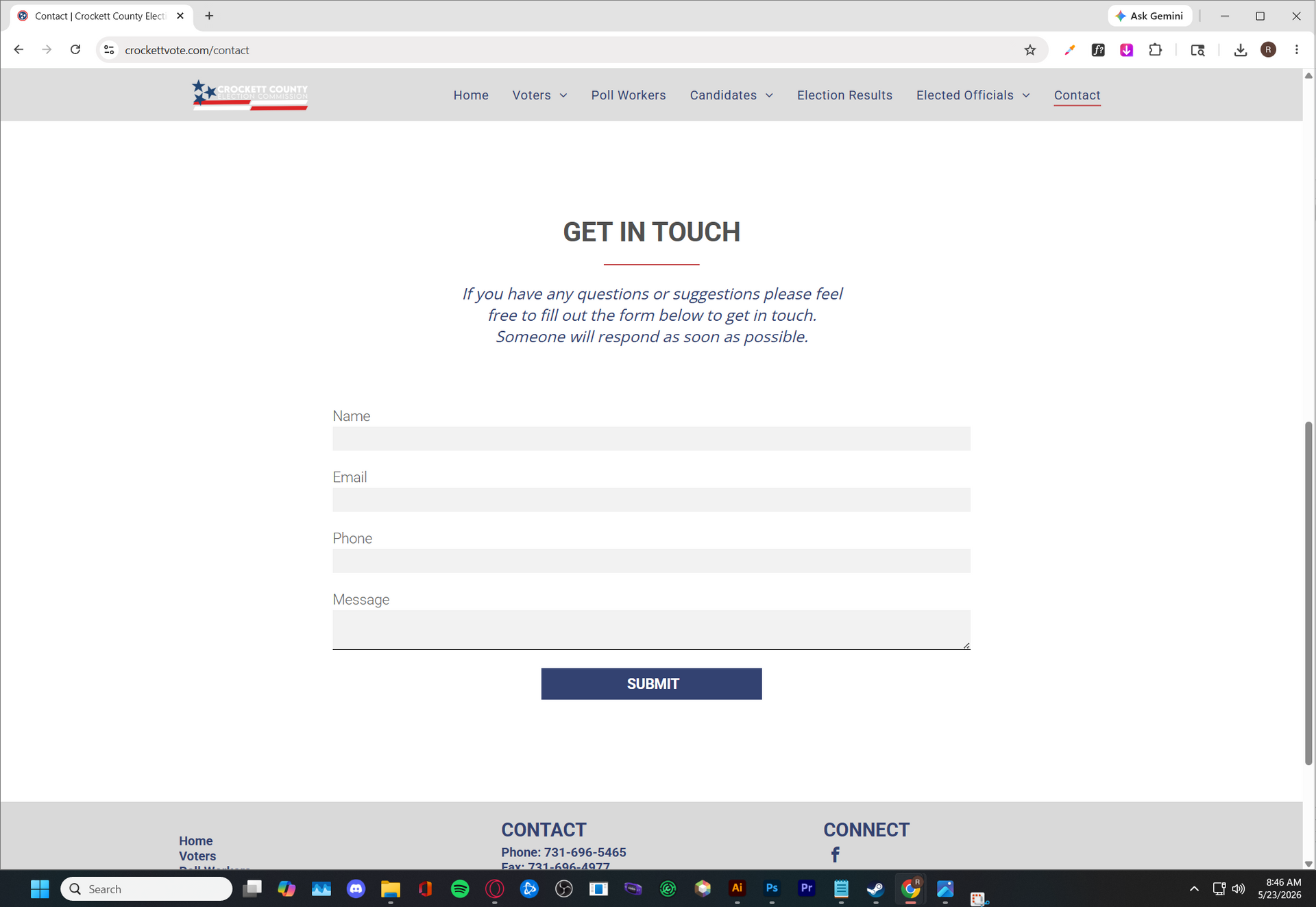 Contact form webpage with “Get in touch” heading, text fields, and a blue Submit button.