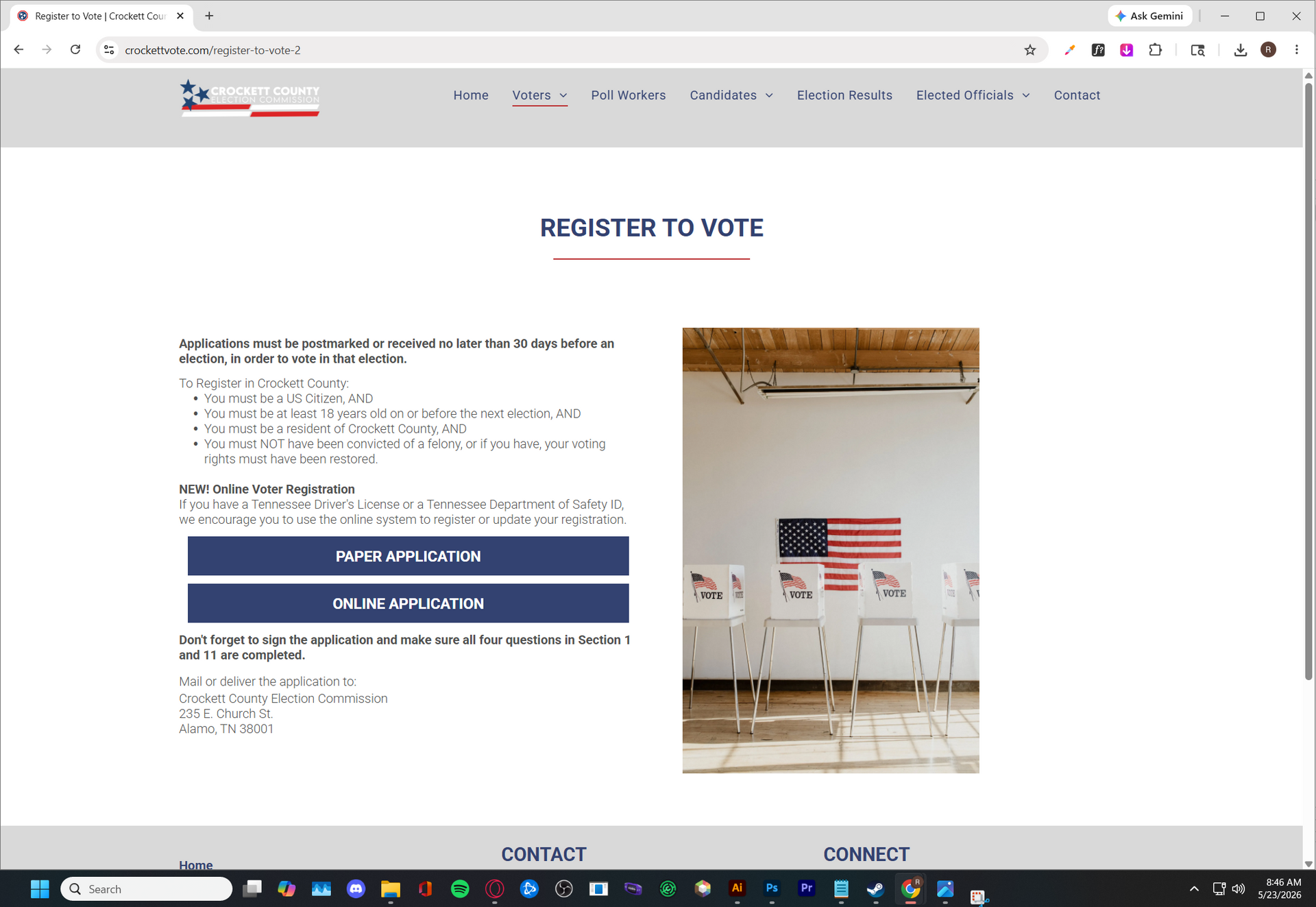 Website page titled “Register to Vote” with a voter registration form and a photo of an American flag on a wall