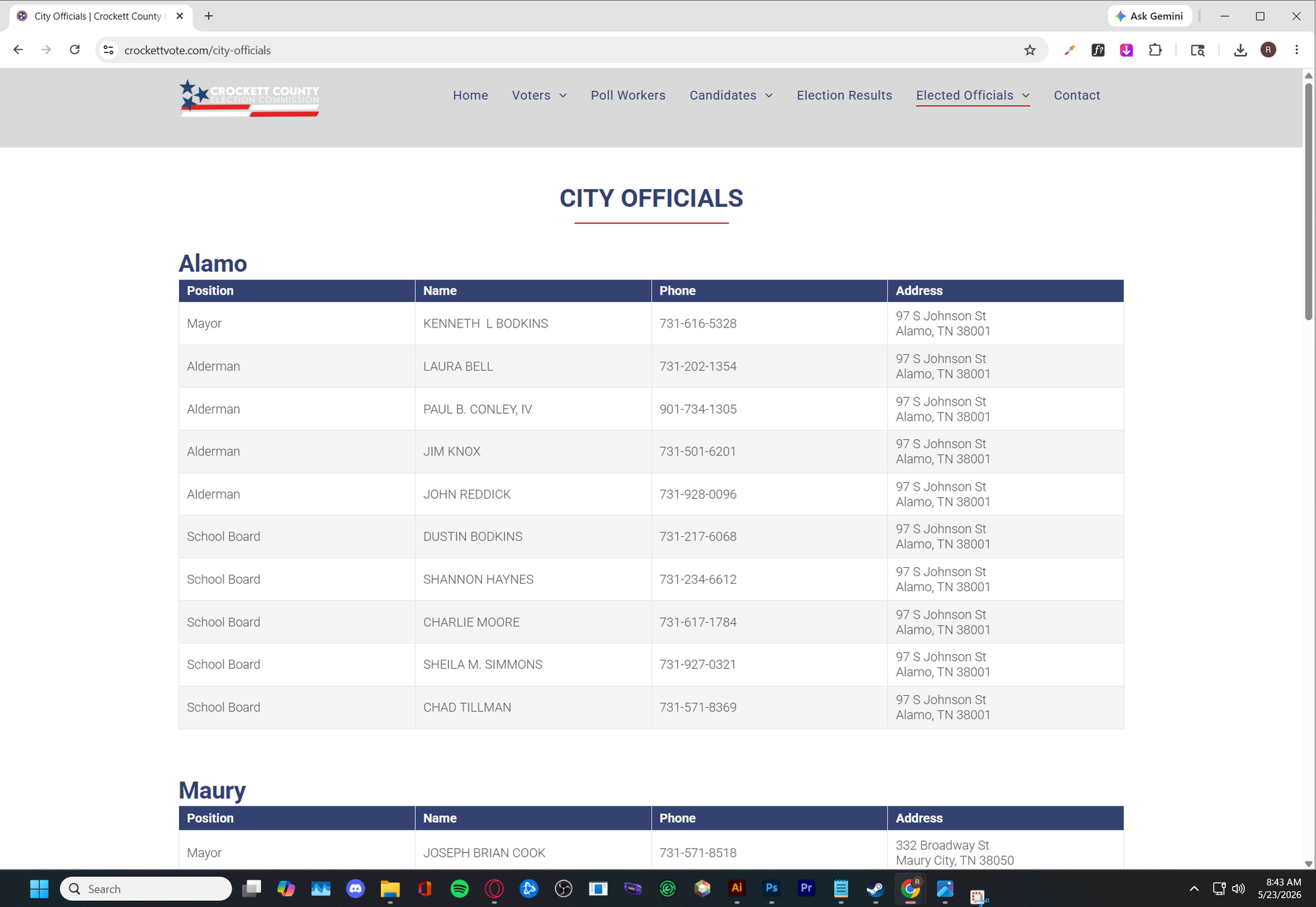 Government portal webpage showing an “Alvaro” list in a table with columns for name, code, and details.