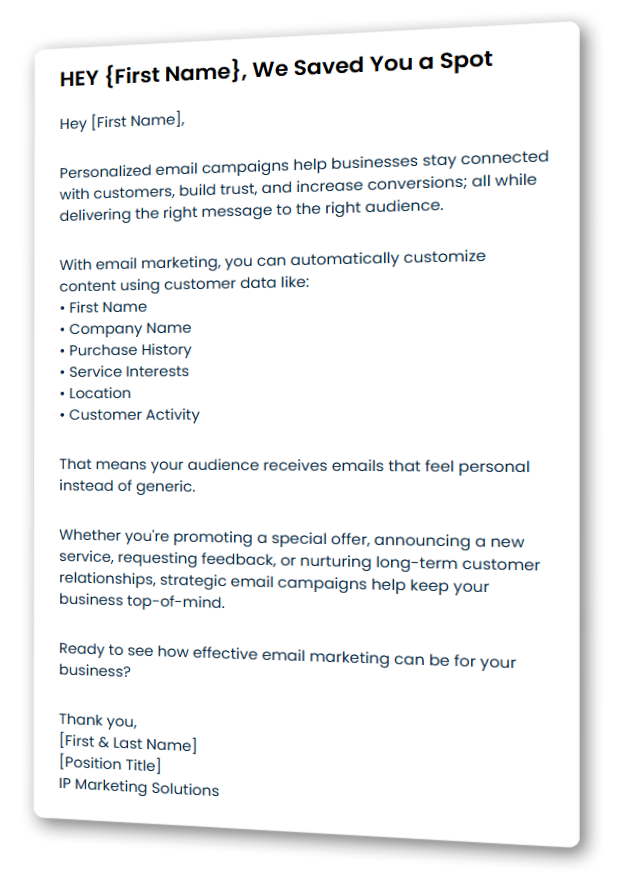 Email marketing flyer offering a free spot to recover lost customers and boost revenue