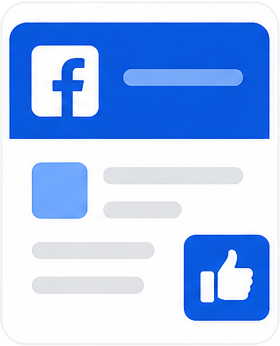 Facebook-style social media post icon with blue header and thumbs-up symbol