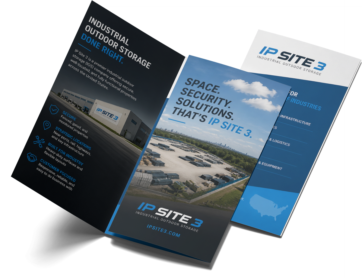 Three blue-and-black IP Site brochures displayed overlapping on a white background.