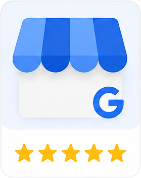 Google business icon with blue storefront awning and five gold stars