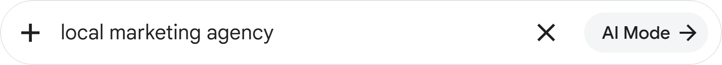 Browser tab labeled “local marketing agency” with “AI Mode” and a plus icon on a white bar