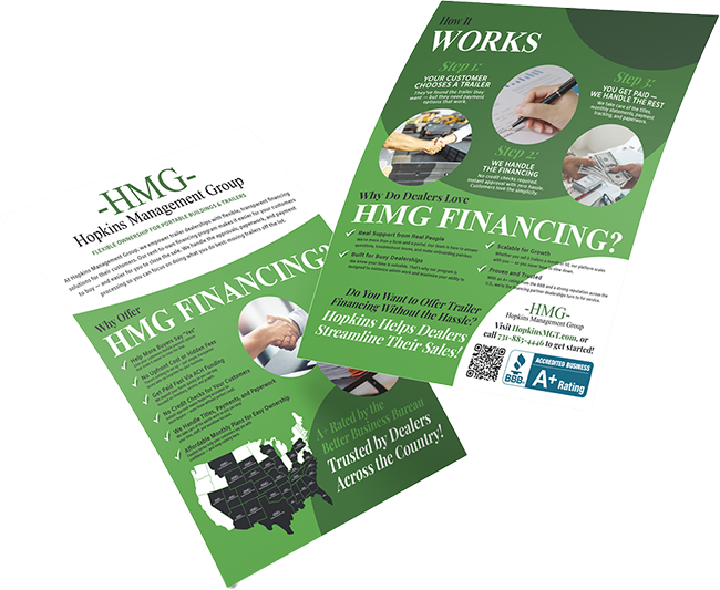 Green HMG financing brochures fanned out, showing workboat and industrial imagery.