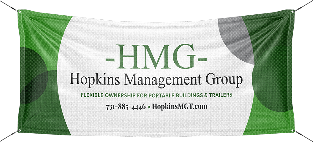 Green and white banner for HMG Hopkins Management Group with website and phone number