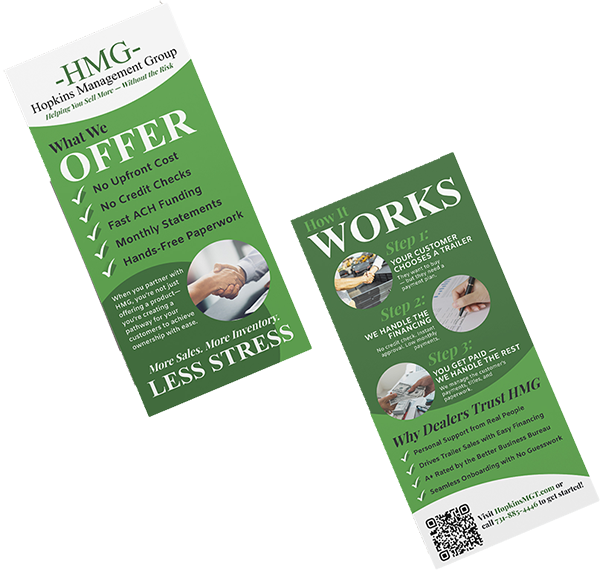 Two green promotional flyers for HMG, featuring offer and works information with photos and QR code