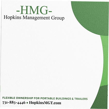 HMG Hopkins Management Group logo with green curved graphic and tagline for portable buildings and trailers