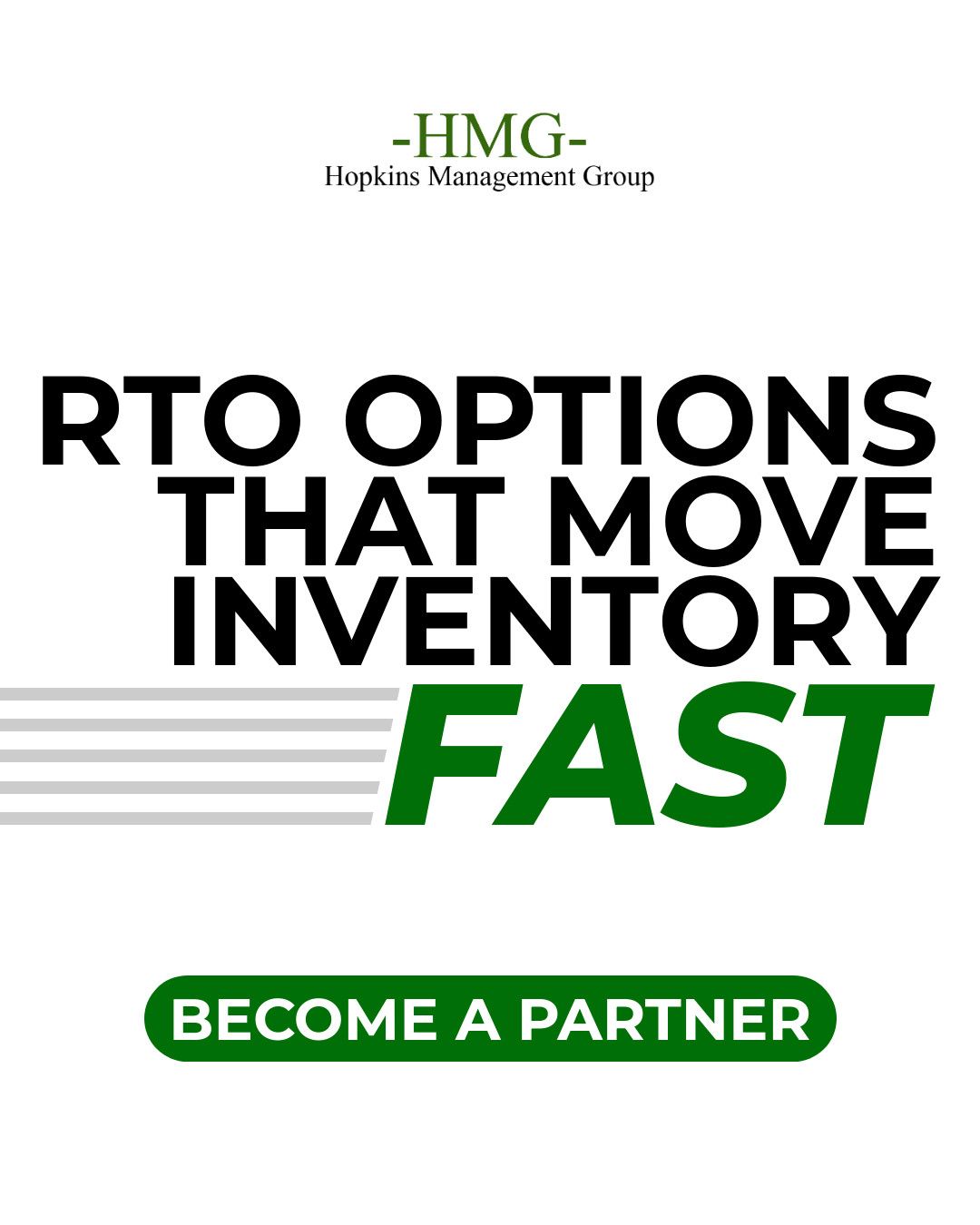 HMG poster: “RTO Options That Move Inventory Fast” with green “Become a Partner” button