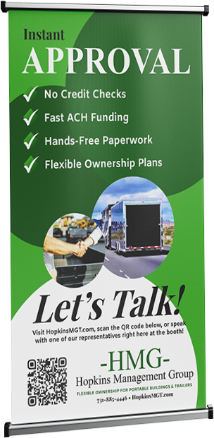 Green banner ad for HMG with “Instant Approval,” checklist, “Let’s Talk!” and truck image near bottom